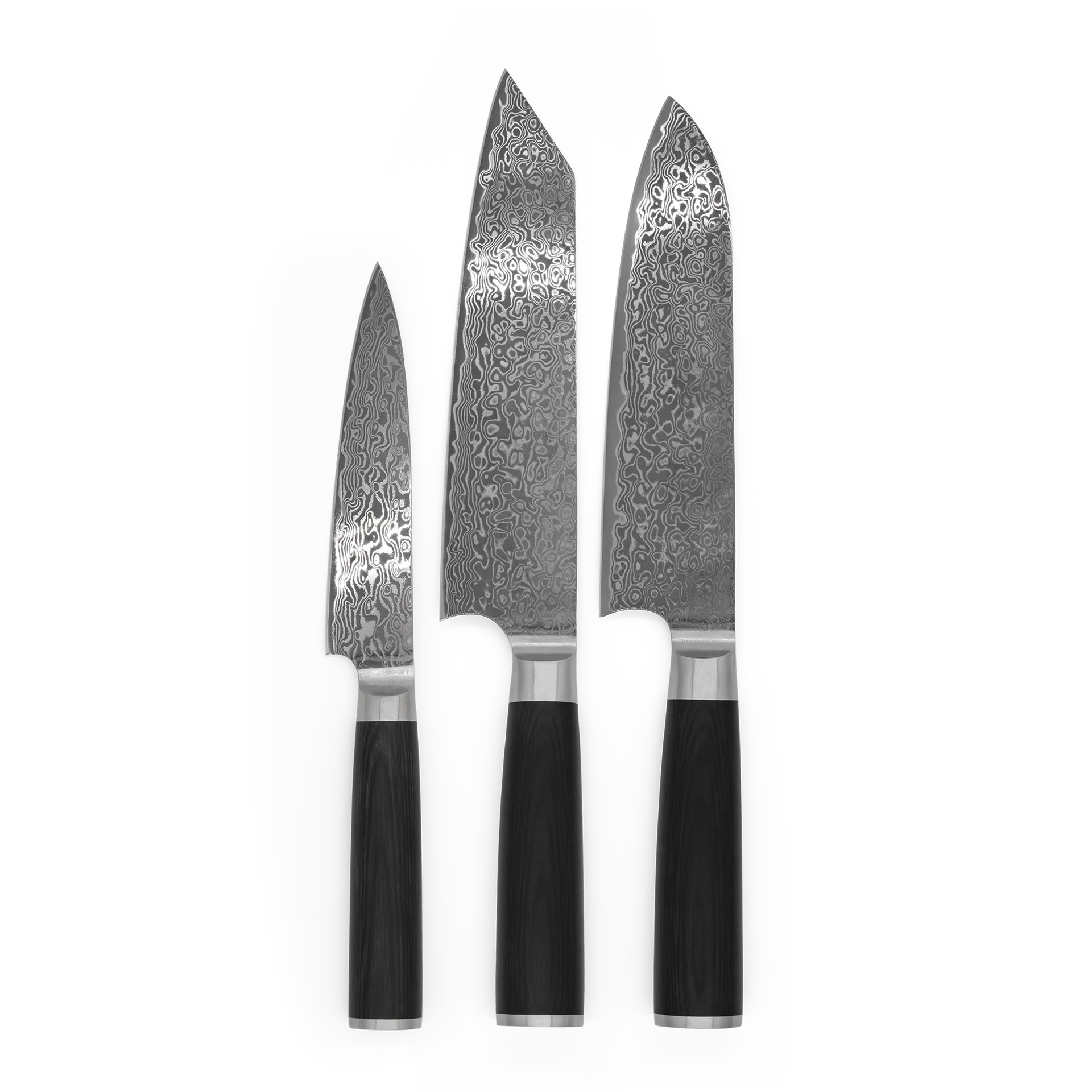 3-teiliges FIVI Damast-Messerset bestehend aus Kiritsuke-, Santoku- und Pettymesser in der Frontalansicht.