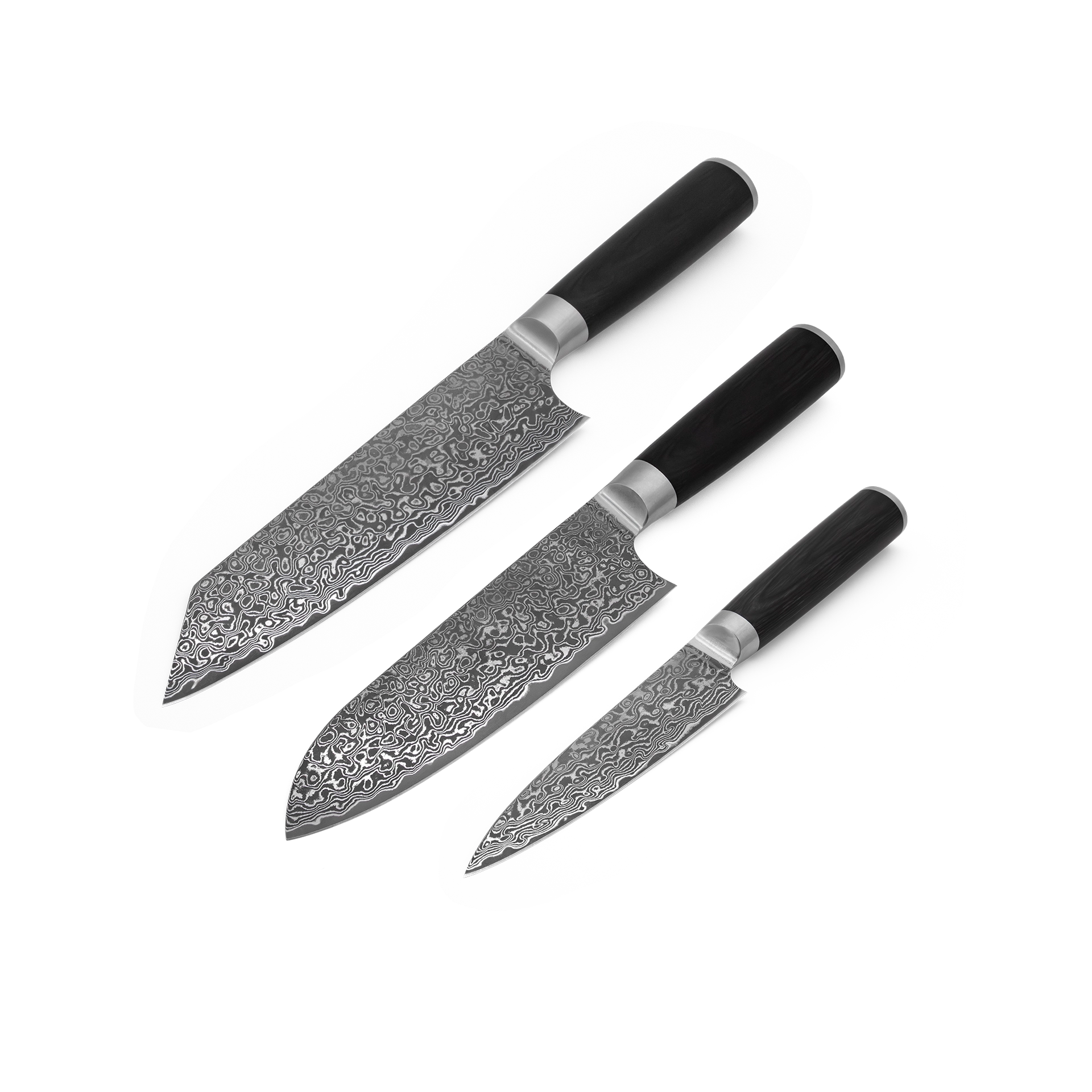 FIVI Damast-Trio Messerset mit Damaststahl und dunklen Echtholzgriffen in der Seitenansicht.