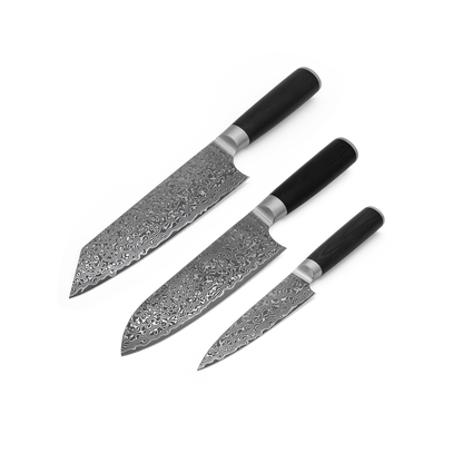 FIVI Damast-Trio Messerset mit Damaststahl und dunklen Echtholzgriffen in der Seitenansicht.