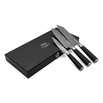 FIVI Profi-Messerset 3-teilig mit edler schwarzer Geschenkbox und hochwertiger Damast-Maserung.