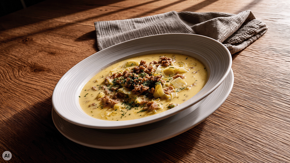 Cremige Käse-Lauch-Suppe mit Hackfleisch in einem weißen Suppenteller auf einem Holztisch mit Leinentuch, von der Seite fotografiert