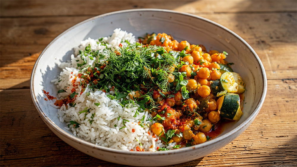 Schräge Nahaufnahme einer Schüssel mit Reis und einem würzigen Kichererbsen-Zucchini-Curry, garniert mit Kräutern und Chiliflocken bei warmem Sonnenlicht.