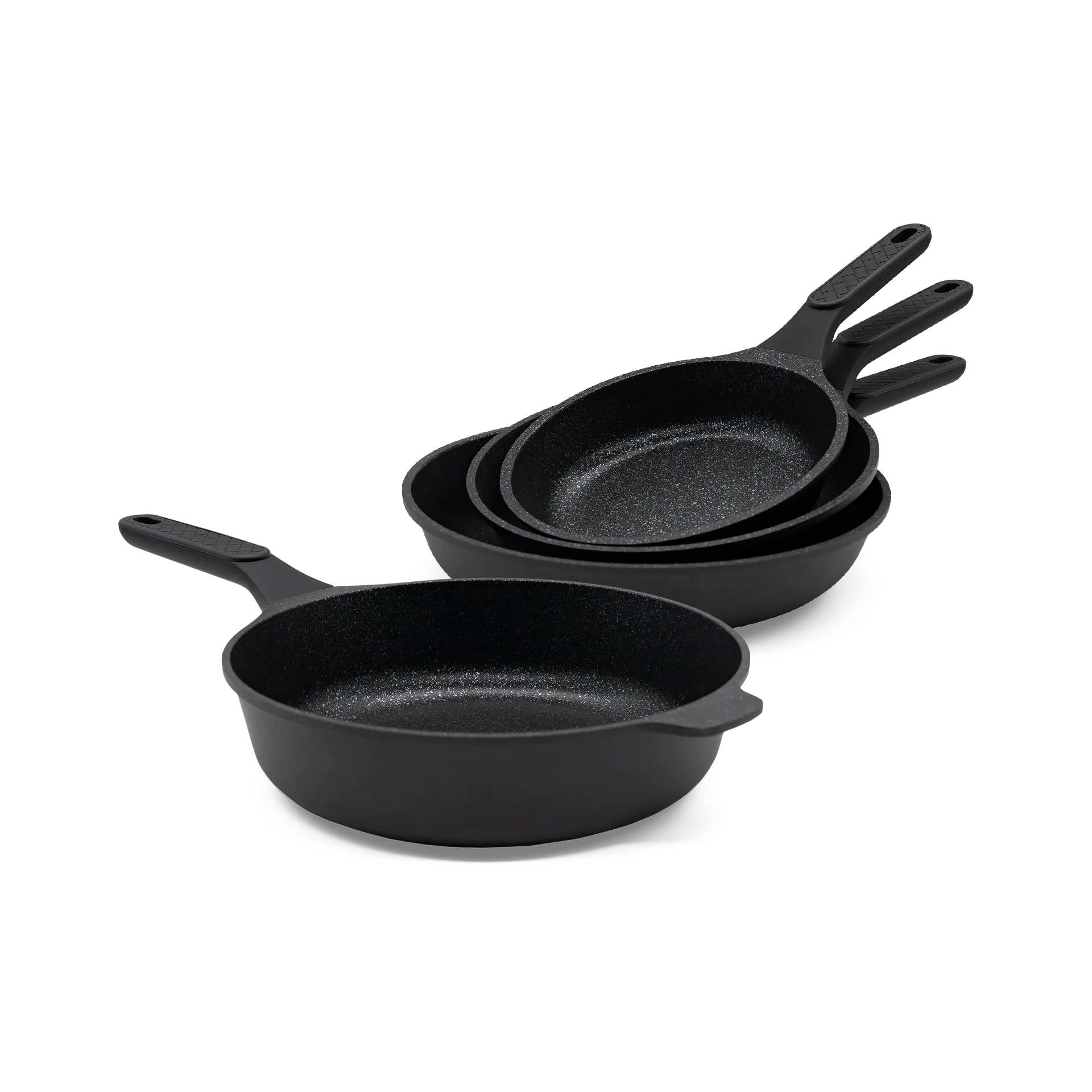5-teiliges schwarzes Pfannenset aus Aluguss mit Antihaftbeschichtung und ergonomischen Griffen.