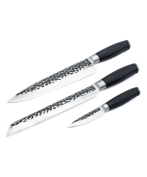 3 Teiliges Messerset mit Hammerschlag und Pakkaholzgriff