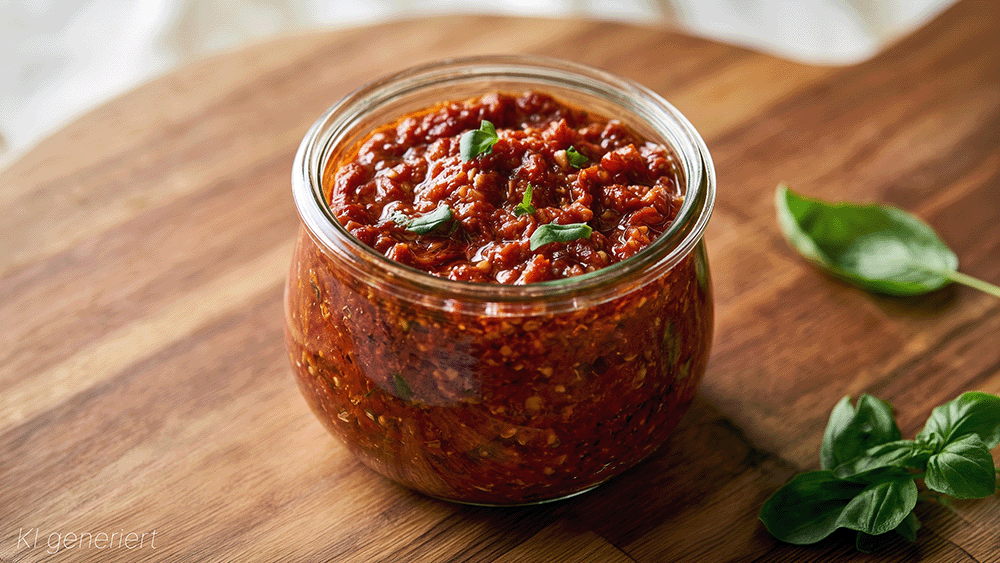 Selbstgemachtes Pesto Rosso im Glas, angerichtet mit frischem Basilikum auf einem Holztisch