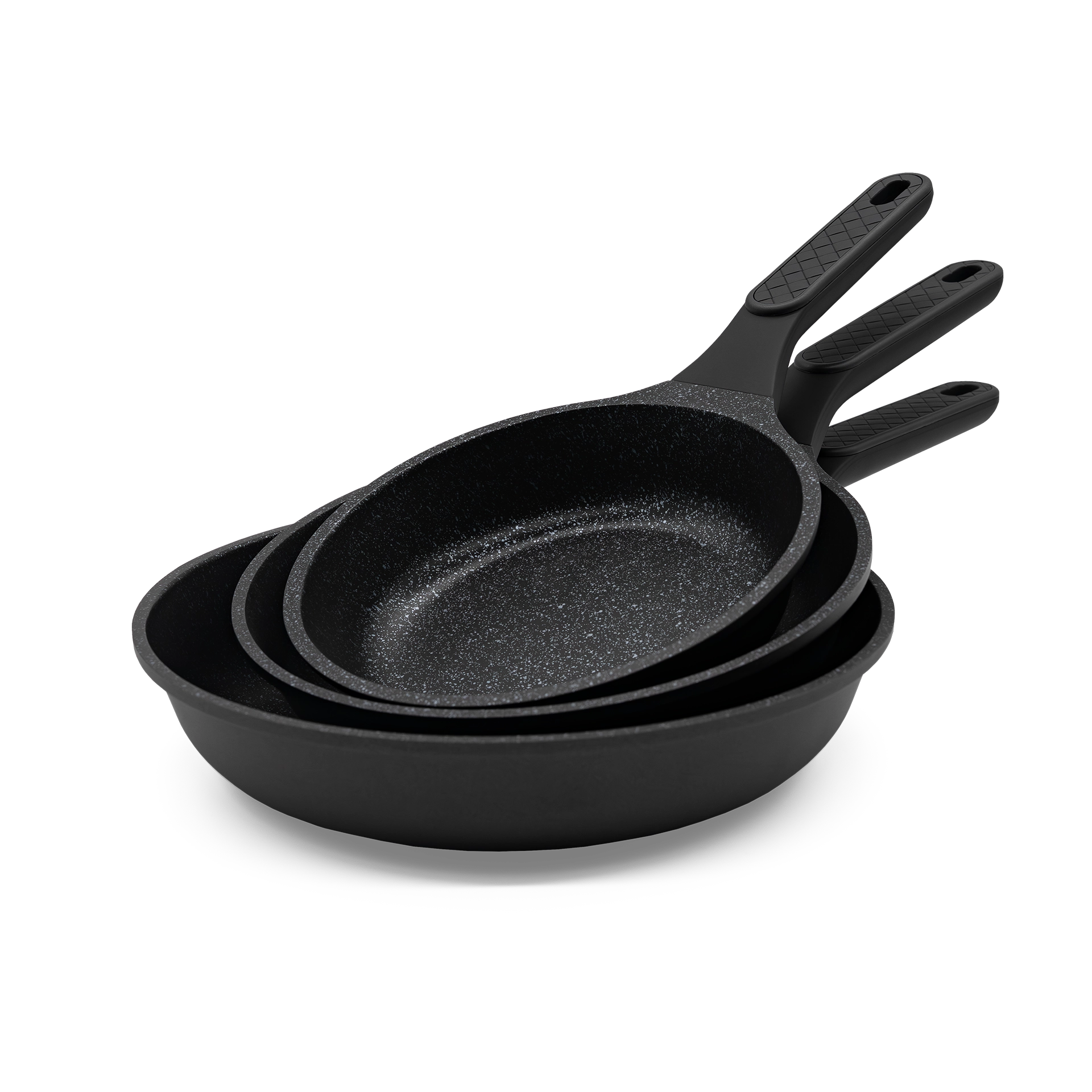 Drei ineinander gestapelte schwarze Fivi Bratpfannen unterschiedlicher Größe.