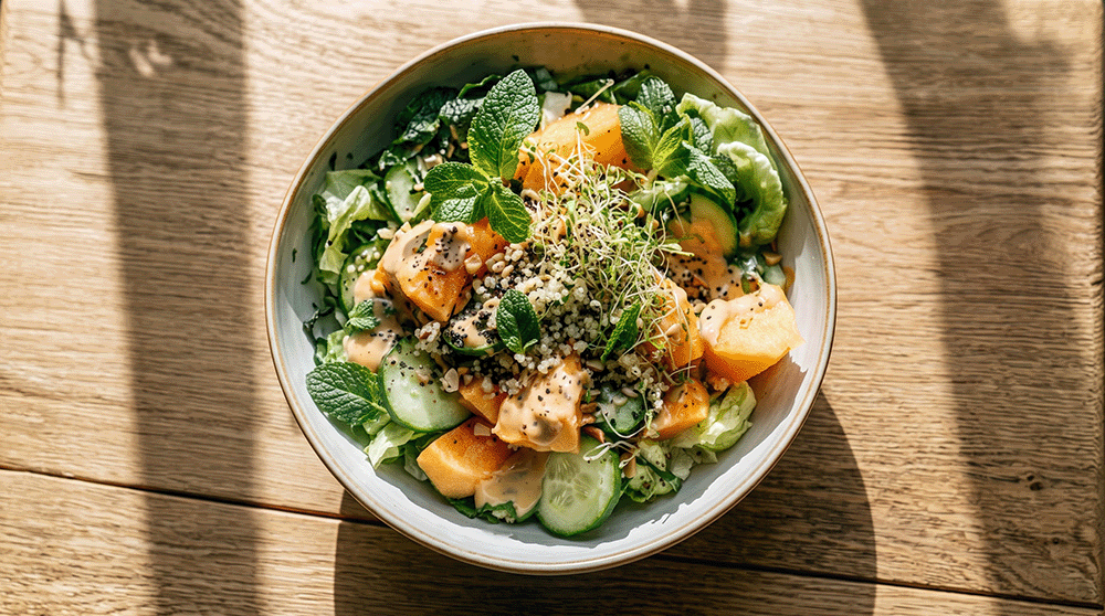 Draufsicht auf Quinoa-Sommersalat mit Melone, Gurke und Miso-Dressing