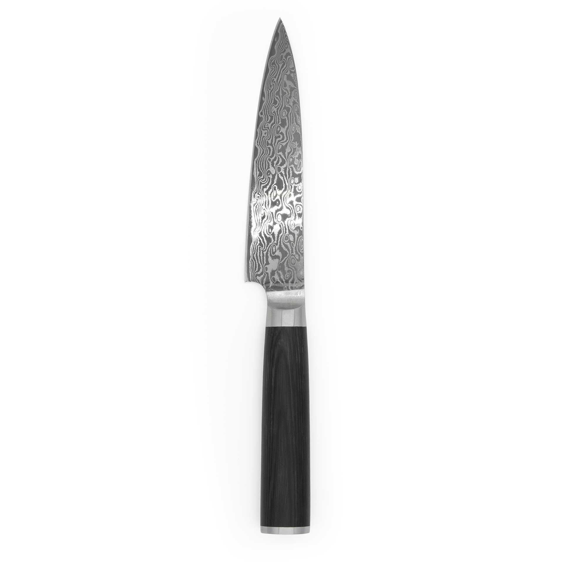 FIVI Pettymesser Sanji aus Damaststahl mit dunklem Echtholzgriff in der Frontalansicht.