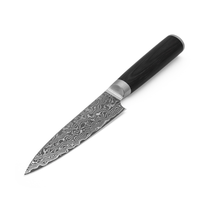 Japanisches Allzweckmesser Sanji mit Damaststahl und ergonomischem Griff auf weißem Grund.