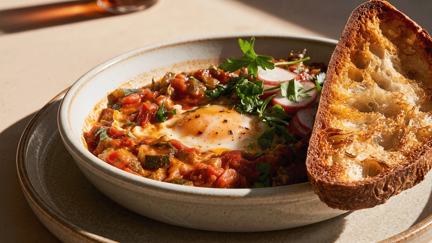 Sommer-Shakshuka in einer Schale angerichtet, leicht schräg fotografiert, mit cremigem Ei im Zentrum, Tomaten-Zucchini-Sugo, frischen Radieschen, Petersilie und knusprigem Bauernbrot am Rand.
