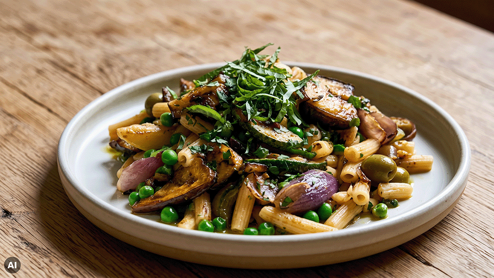 Teller mit vegetarischer Spätsommer-Pasta, Aubergine, Erbsen und frischen Kräutern auf einem Holztisch