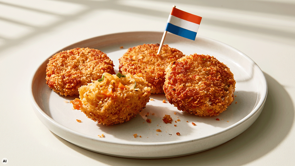 Nahaufnahme von vier goldbraun frittierten Bamischeiben auf einem Teller, eine Scheibe aufgeschnitten mit sichtbarer Möhre und Frühlingslauke in der Füllung, mit Holland-Fähnchen als Deko.