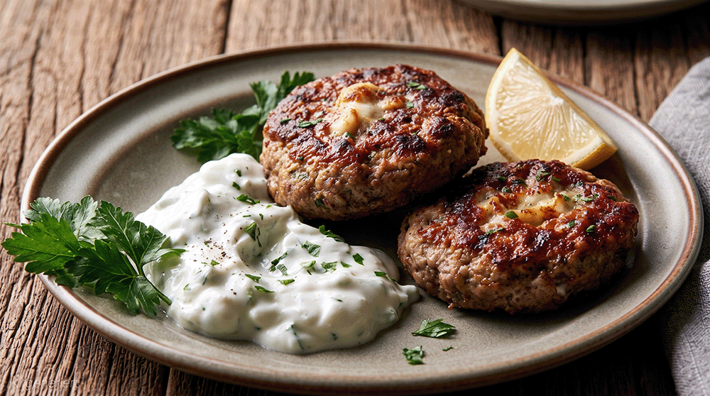 Angeschnittene Bifteki mit Schafskäsefüllung, serviert mit Tzatziki und Zitronenspalte
