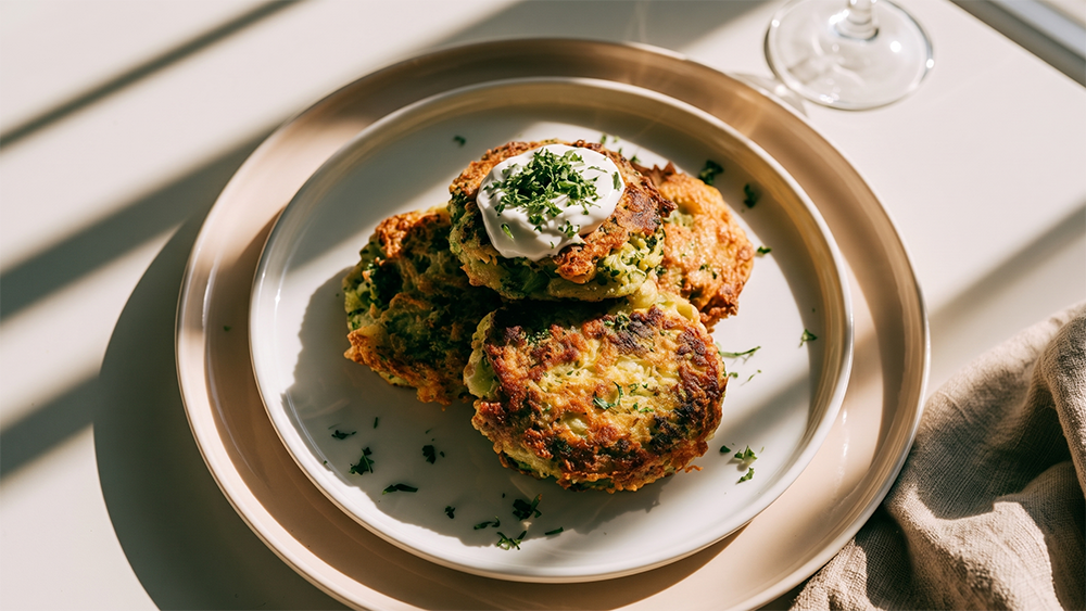 Knusprige Brokkoli-Fritters mit Joghurtdip, im Sonnenlicht serviert