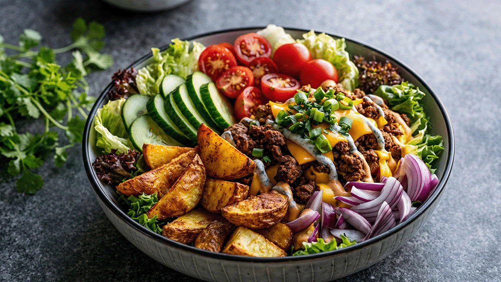 Protein Burger Bowl in einer Schüssel mit Kartoffelspalten, Hackfleisch, Käse, Salat und Gemüse, daneben frischer Koriander auf einer grauen Steinoberfläche.