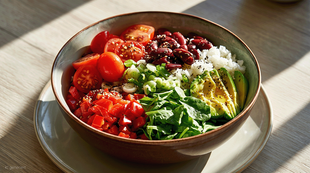 Angerichtete Burrito Bowl in Schale auf Teller, schräg fotografiert, mit Reis, Kidneybohnen, Tomaten, Avocado und frischem Gemüse im Sonnenlicht