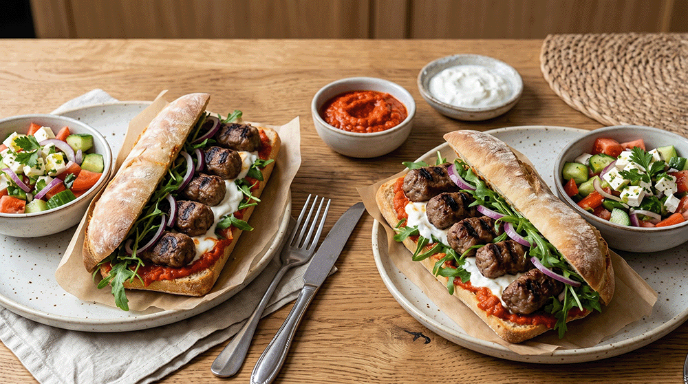 Schräge Nahaufnahme von zwei reich belegten Cevapcici-Sandwiches in Ciabatta auf Tellern, angerichtet mit Beilagensalaten und Saucen auf Holzgrund.