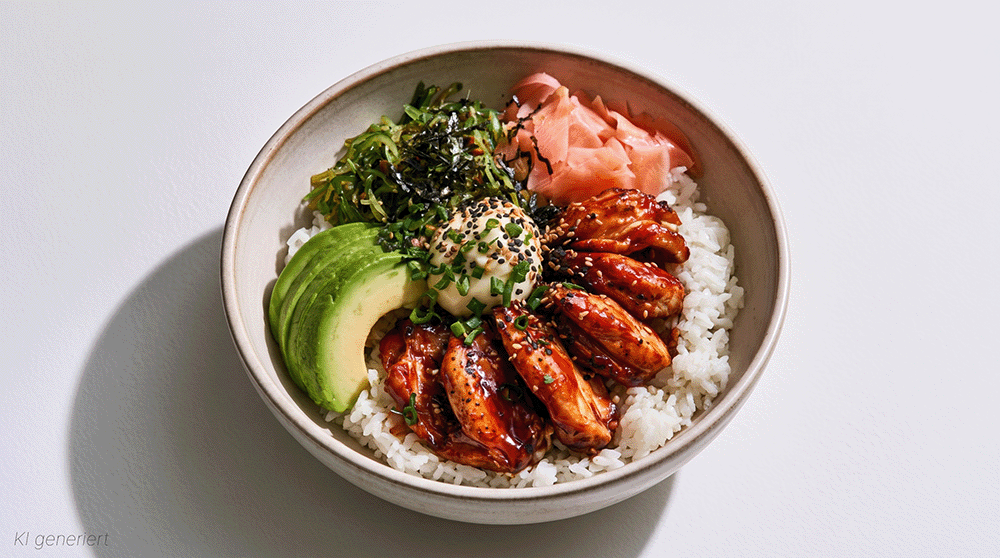 Chicken Teriyaki Bowl in leicht seitlicher Ansicht, angerichtet mit glänzendem Teriyaki-Hühnchen auf Reis, cremiger Avocado, Wakame-Salat, eingelegtem Ginger, Mayonnaise, Sesam und frischen Lauchzwiebeln.