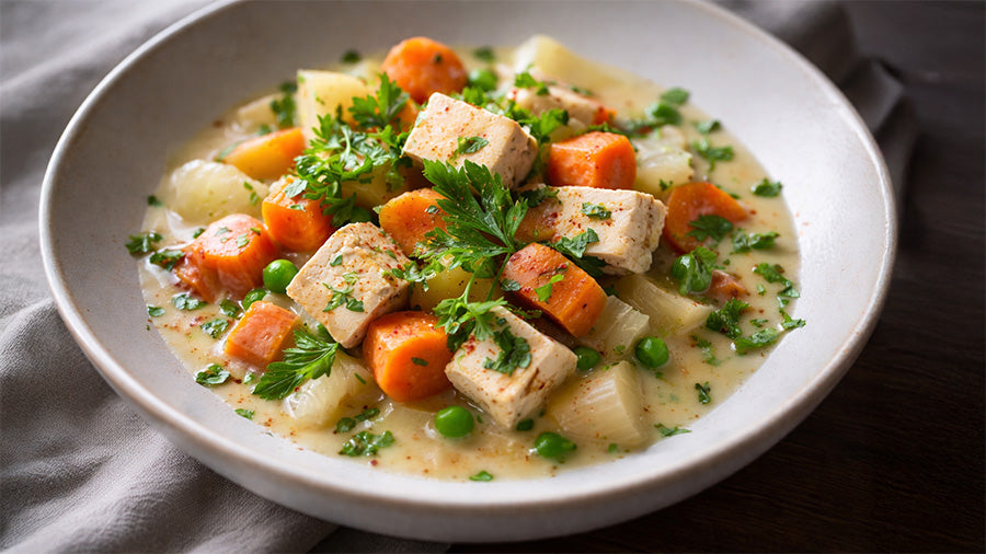 Schräg fotografierte Nahaufnahme eines cremigen Gemüseeintopfs mit Tofu in einer hellen Schale, mit Karottenstücken, Kartoffeln, Erbsen und Kräutern garniert, in einer hellen, leicht dickflüssigen Sauce angerichtet.