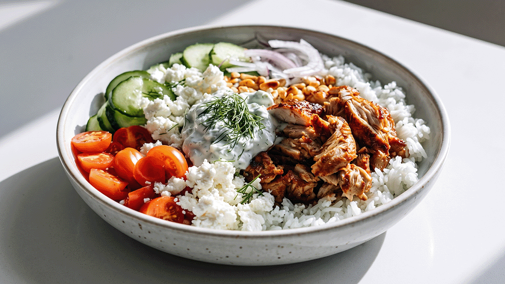Angerichtete Gyros Bowl in Schale mit gegrilltem Hähnchen-Gyros, Tzatziki, frischem Gemüse und Basmati-Reis