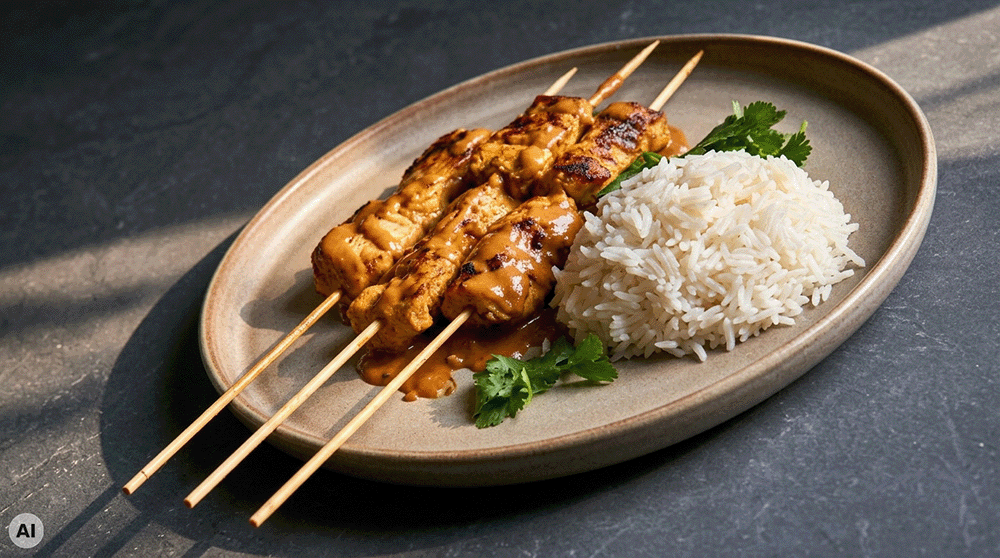 Hähnchen-Sate mit Reis in schräger Ansicht: goldbraun gebratene Sate-Spieße mit Erdnusssauce neben weißem Reis und Koriander auf einem ovalen Keramikteller