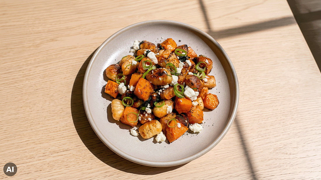Gnocchi-Pfanne mit Kürbiswürfeln, Feta und Frühlingszwiebeln von der Seite auf einem hellgrauen Teller im Sonnenlicht.