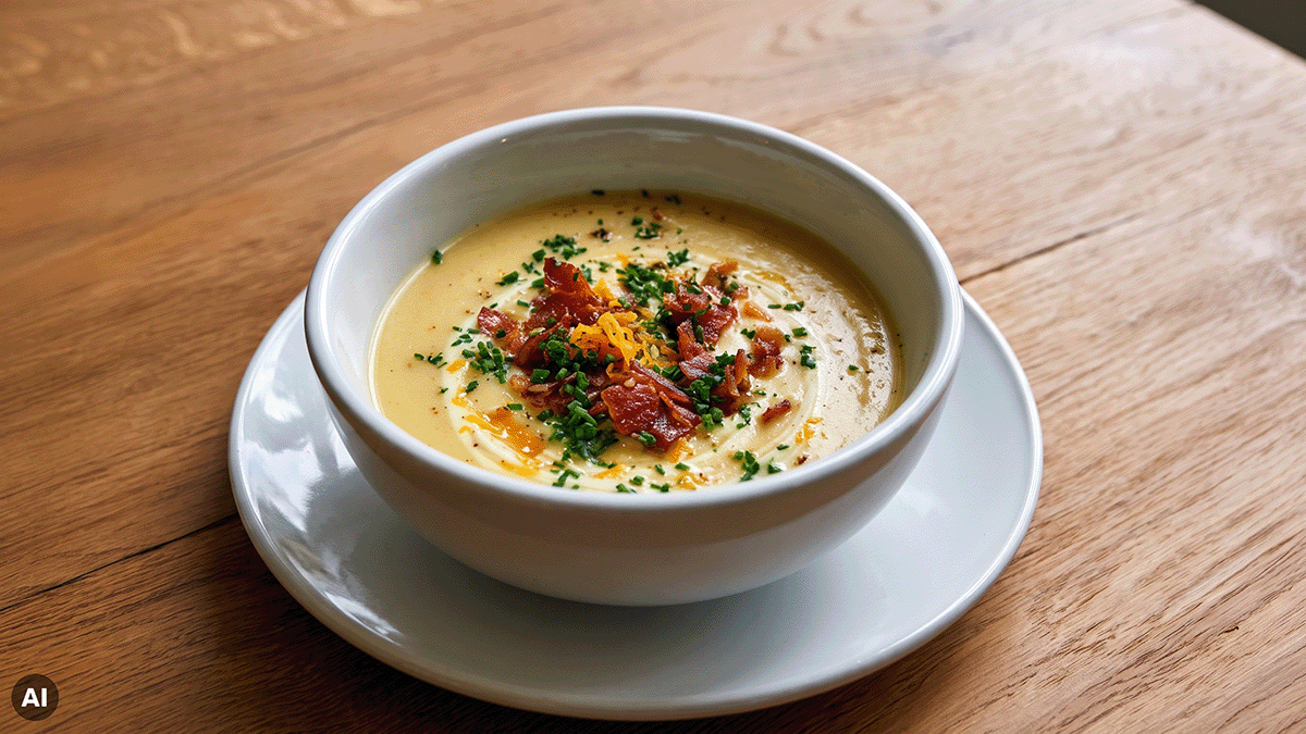 Cremige Suppe von oben in weißer Schale auf Untertasse, mit knusprigem Speck, Schnittlauch und geriebenem Cheddar, auf hellem Holztisch.