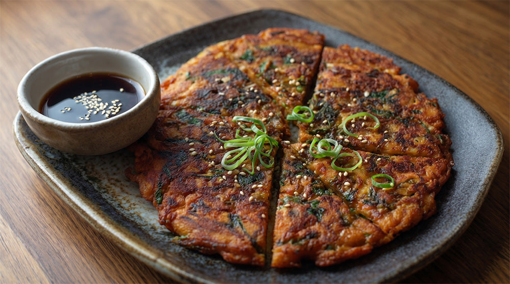 Schräge Nahaufnahme eines koreanischen Kimchi-Pfannkuchens auf einem rustikalen Teller, daneben eine kleine Schale mit Sojasaucen-Dip auf einem Holztisch.