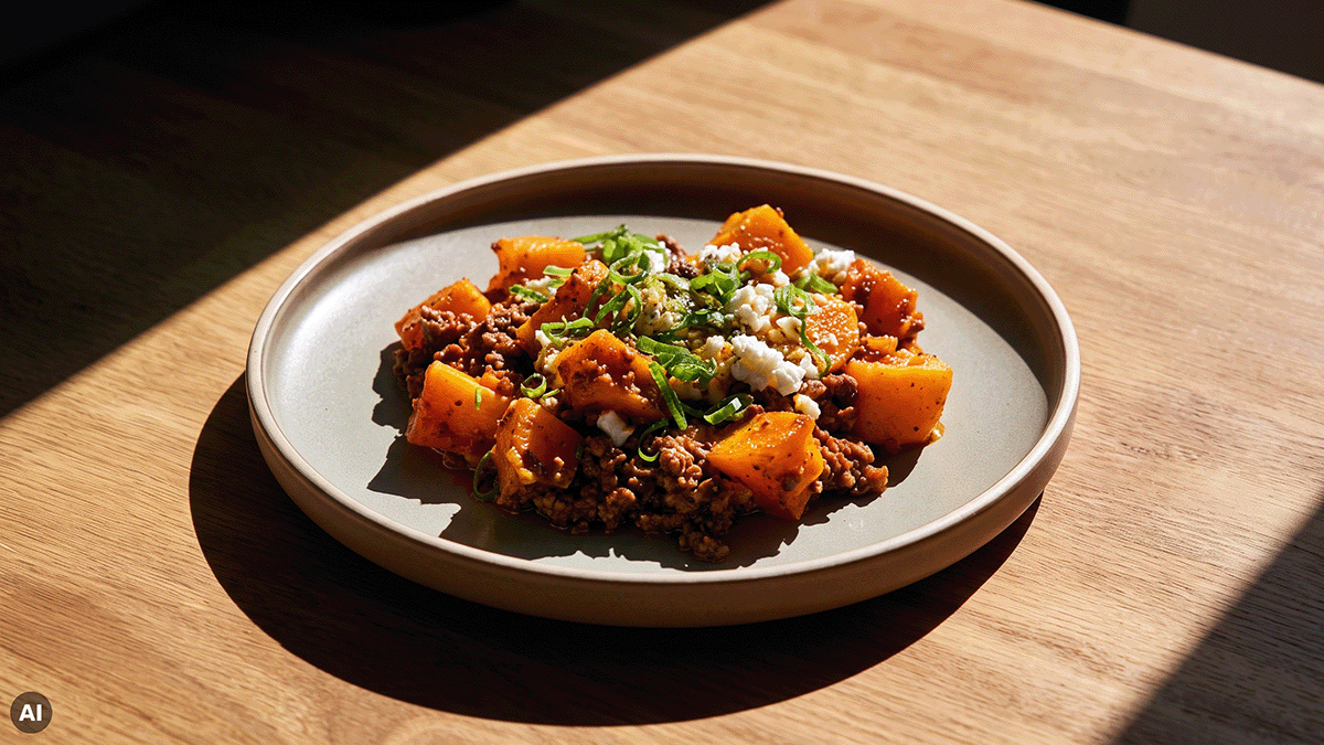 Kürbis-Hackfleisch-Pfanne mit Feta und Frühlingszwiebeln von oben auf einem grauen Teller, Holztisch mit Sonnenstreifen.