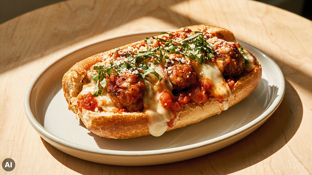 Nahaufnahme eines Meatball Sandwich in einem gerösteten Brötchen auf einem weißen Teller, mit saftigen Fleischbällchen, Tomatensauce, Basilikum und Parmesan, während geschmolzener Käse an der Seite des Brotes herunterläuft.