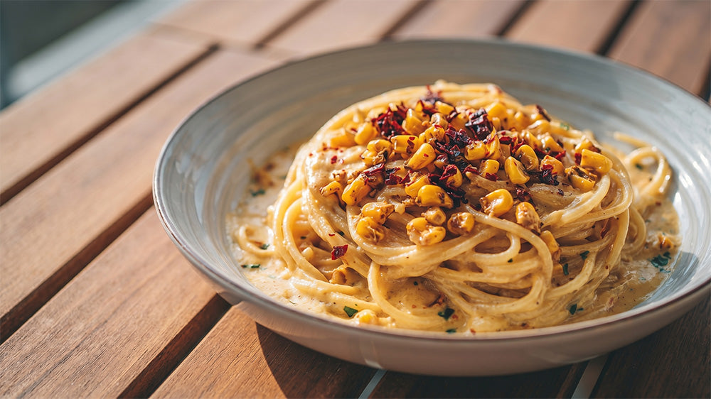 Eine Nahaufnahme einer Schüssel mit Miso-Mais-Pasta, serviert auf einem Holztisch mit Lattenmuster. Das Nudelgericht besteht aus einer cremigen Sauce, die Spaghetti umhüllt, und ist mit gerösteten Maiskörnern und Chiliflocken garniert.