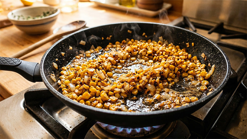 Goldgelbe Maiskörner rösten mit Zwiebeln und Knoblauch in einer schwarzen Pfanne auf einem Gasherd.