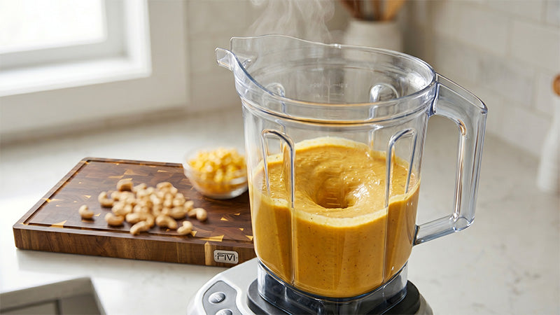 Cremige Mais-Cashew-Sauce wird in einem Standmixer glatt püriert, im Hintergrund ein Holzschneidebrett.