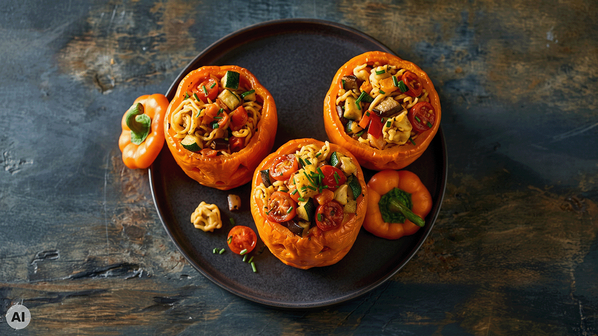 Halloween-Rezept von oben: Drei gefüllte orange Paprika mit Tortelloni, Zucchini, Kirschtomaten und Schnittlauch auf dunklem Teller