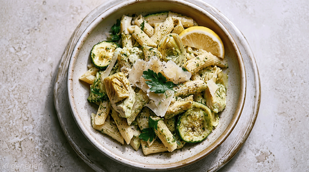 Draufsicht auf cremige Pasta mit Artischocken und Zucchini, garniert mit Parmesanspänen, Petersilie und Zitrone