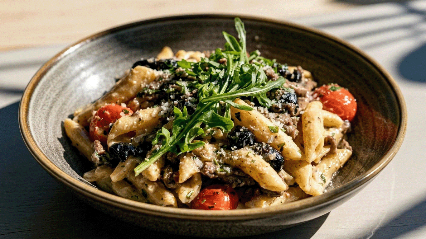 Pasta mit Rinderfilet & Oliven, cremig angerichtet, Seitenansicht