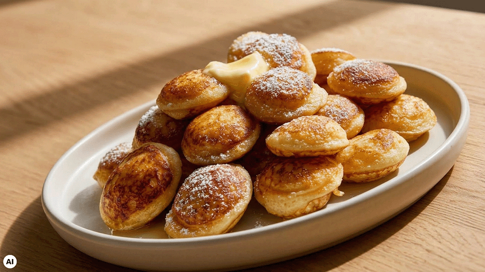 Goldbraune Poffertjes mit Puderzucker und Butter auf einer ovalen weißen Servierplatte, schräg von der Seite fotografiert im warmen Sonnenlicht