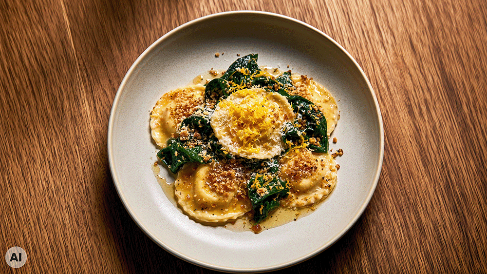 Ravioli mit Zitronencrunch von oben: goldene Ravioli mit Blattspinat in brauner Butter, bestreut mit knusprigem Paniermehl, geriebenem Parmesan und gelber Zitronenschale, angerichtet auf einem hellen Teller auf dunklem Holz.