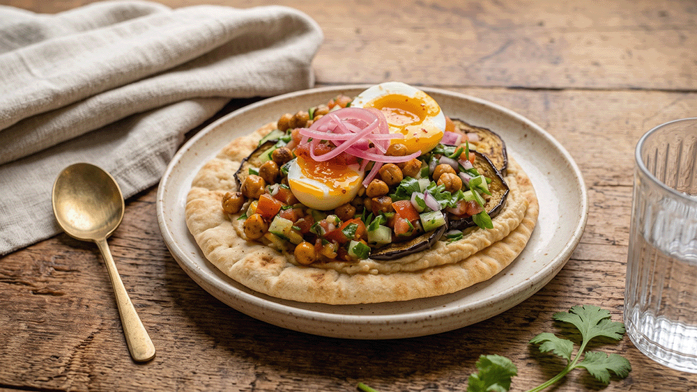 Sabich im Fladenbrot mit Auberginenscheiben, gewürzten Kichererbsen, weich gekochtem Ei und eingelegten Zwiebeln, angerichtet auf einem Keramikteller mit goldenem Löffel im Hintergrund.