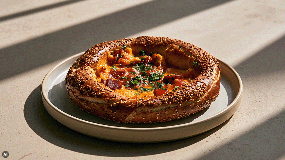 Simit Menemen in der Seitenansicht: gebackener Sesamring mit würzigem Rührei, Sucuk und frischer Petersilie auf einem Teller im Sonnenlicht