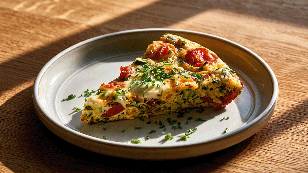 Ein Stück Sommer-Frittata mit Zucchini, Tomaten und Mozzarella auf einem Teller, seitlich fotografiert im warmen Licht.