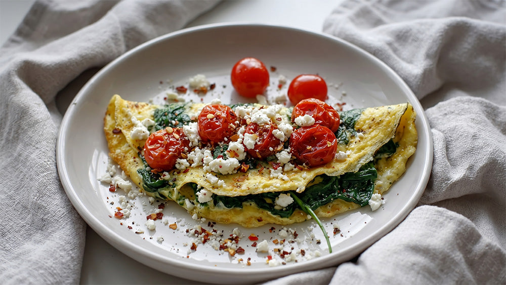 Schräge Nahaufnahme eines Omelettes gefüllt mit Spinat, garniert mit gerösteten Tomaten und zerbröseltem Feta auf einem gedeckten Tisch.
