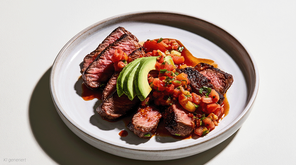 Angeschnittenes Filetsteak mit Tomatentartar in Nahaufnahme, serviert mit Avocadoscheiben auf hellem Keramikteller