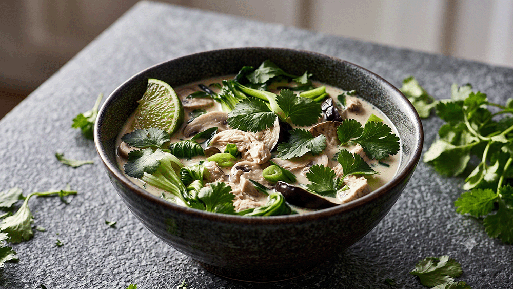 Schüssel Tom Kha Gai in leichter Perspektive von der Seite, mit sichtbarer cremiger Kokossuppe, Hähnchenstücken, Pilzen, Pak Choi und Koriander, garniert mit einer Limettenspalte auf einer grauen Steinplatte.
