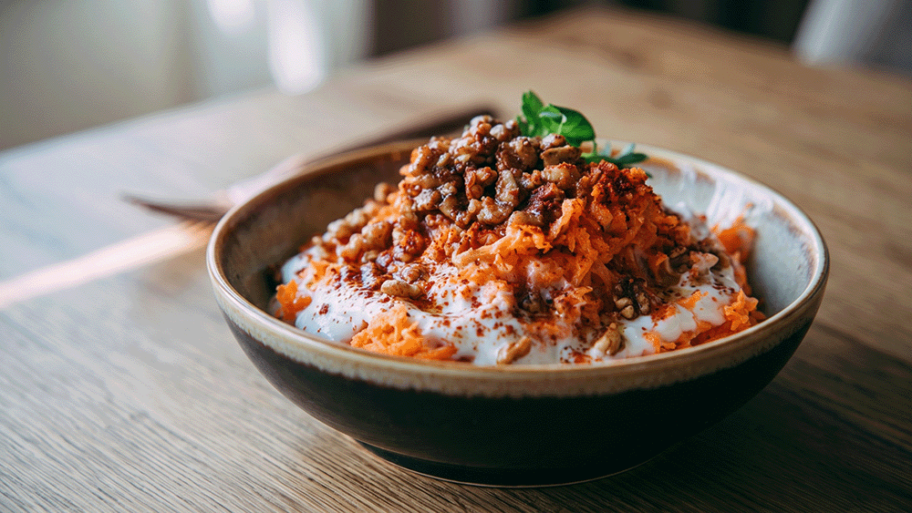 Türkischer Karottensalat serviert in einer dunklen Keramikschale mit Joghurt, gerösteten Walnüssen und Paprikapulver auf einem Holztisch