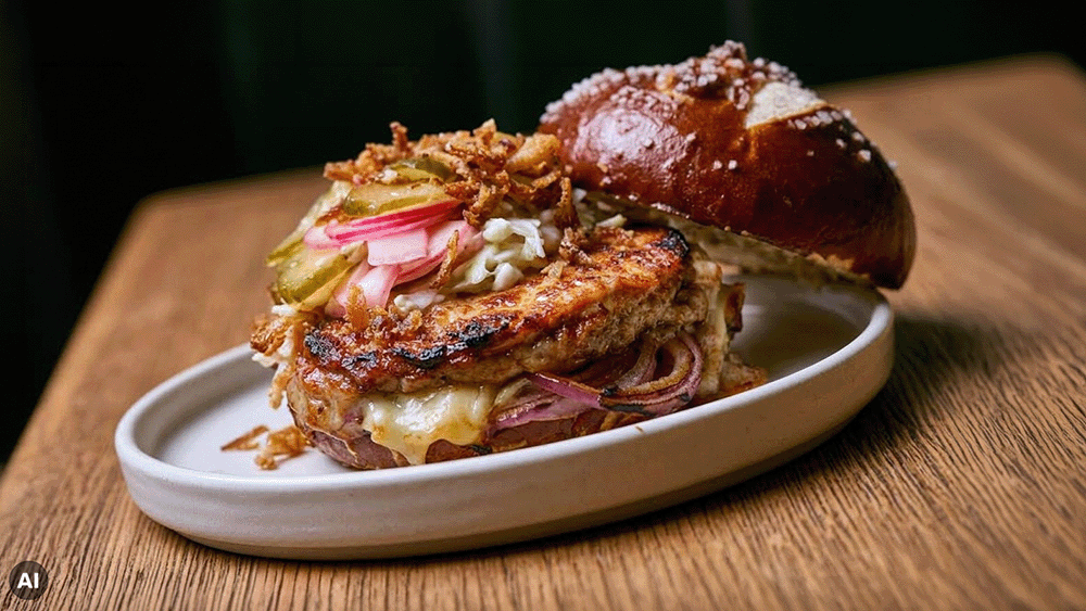 Bayrischer Burger in der Seitenansicht mit knusprigem Leberkäse, geschmolzenem Käse und geschmorten roten Zwiebeln im Laugenbrötchen, belegt mit Radieschen, Gurkenscheiben und Röstzwiebeln, angerichtet auf einem ovalen Teller auf einem Holztisch vor dunklem Hintergrund.